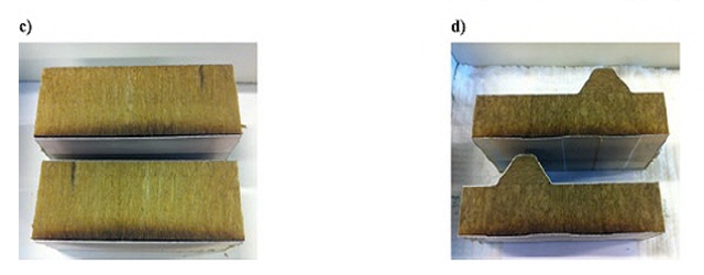 (a)폴리우레탄, (b)폴리이소시아누레이트 (c)미네랄울단열재 벽 및 (d)미네랄울단열재 지붕 판넬의 분해 전면 사진 그림(a)에 표시된 질량 손실 백분율 계산에 사용된 빨간색 영역