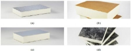1 ﻿폴리이소시아누레이트 표면의 유형 (a) 알루미늄 호일, (b) 복합 종이 호일, (c) 다층 알루미늄 호일 표면, (d) 역청 표면
